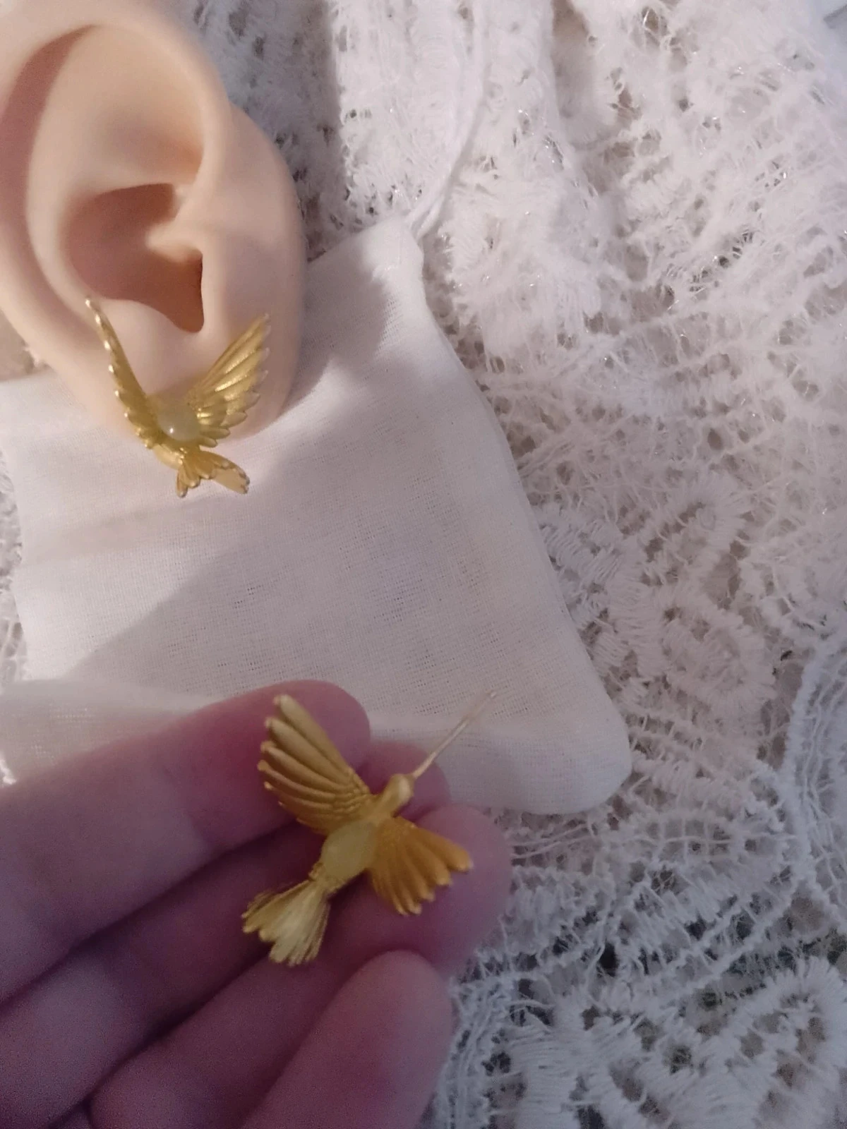 Golden bird earrings with chalcedony stones – photo 5